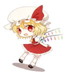  ascot blonde_hair blush chibi fang flandre_scarlet hat honotai looking_at_viewer open_mouth red_eyes short_hair side_ponytail smile solo touhou white_background wings 