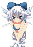  all_fours animal_ears bikini blue_bikini blue_eyes blush bow cat_ears cat_tail cirno hair_bow highres ice ice_wings kemonomimi_mode ma-yu short_hair silver_hair solo swimsuit tail touhou white_background wings 