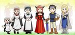  5girls apron cape crossed_arms curtsey doraemon dress frame fujiko_f_fujio_(style) full_body gloves hat lineup maid maid-chou_(maoyuu) maid_ane_(maoyuu) maid_headdress maid_imouto_(maoyuu) maou_(maoyuu) maoyuu_maou_yuusha multiple_girls onna_kishi_(maoyuu) parody red_dress style_parody sword ueyama_michirou weapon yuusha_(maoyuu) 