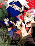  2boys blood chikuri eye_contact fighting hatake_kakashi hidan kunai looking_at_another multiple_boys naruto naruto_shippuuden tongue weapon white_hair 