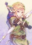  aiming aiming_at_viewer belt blonde_hair blue_eyes bow_(weapon) earrings fromchawen hat holding holding_bow_(weapon) holding_weapon jewelry left-handed link looking_at_viewer male_focus pointy_ears shield solo sword the_legend_of_zelda the_legend_of_zelda:_skyward_sword upper_body weapon 