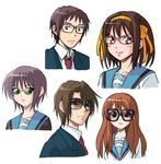  3girls asahina_mikuru aviator_sunglasses bangs bespectacled brown_hair commentary_request face glasses hipster kandanchi kita_high_school_uniform koizumi_itsuki kyon multiple_boys multiple_girls nagato_yuki red-framed_eyewear school_uniform serafuku sunglasses suzumiya_haruhi suzumiya_haruhi_no_yuuutsu 