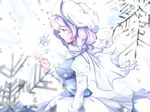  apron blue_eyes blush breasts hat kikurage_(sugi222) lavender_hair letty_whiterock long_sleeves medium_breasts puffy_long_sleeves puffy_sleeves scarf short_hair skirt smile snow snowflakes snowing solo touhou vest white_scarf 