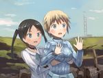  :d artist_name belt black_hair blonde_hair blue_eyes blue_sky brave_witches breast_grab breasts cloud collared_shirt dated day francesca_lucchini grabbing grass green_eyes hands hands_up kanokoga landscape military military_uniform multiple_girls nikka_edvardine_katajainen open_mouth outdoors pouch ribbed_sweater ribbon rock shirt signature sky smile strike_witches surprised surprised_arms sweater tower twintails uniform wavy_mouth world_witches_series 