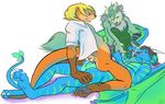  anal anal_penetration blonde_hair blue_scales bottomless cowgirl_position cum cum_in_ass cum_in_mouth cum_inside cum_on_face dragon fellatio fur gay green_fur green_scales group group_sex hair horn kaputotter knot lying male mammal mustelid nude on_back on_top oral oral_sex otter penetration sex straddling threesome wings 