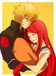  1boy 1girl :d aine_(haibane) baby blonde_hair blue_eyes flak_jacket hair_ornament hairclip highres long_hair namikaze_minato naruto naruto_shippuuden open_mouth red_hair smile uzumaki_kushina very_long_hair 