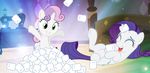  :3 cub cutie_mark duo equine eyes female feral friendship_is_magic fur green_eyes hair happy horn horse inside lying mammal marshmallow marshmallows my_little_pony on_back open_mouth pixeltripper pony purple_hair rarity_(mlp) sewing_machine smile sweetie_belle_(mlp) two_tone_hair unicorn white_fur young 