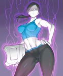  athletic aura bare_shoulders black_hair breasts clothes_writing contrapposto from_below groin hand_on_hip impossible_clothes looking_at_viewer medium_breasts midriff miyaji nintendo ponytail shaded_face skin_tight solo spandex standing tank_top toned white_skin wii_balance_board wii_fit wii_fit_trainer 