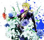 bad_id bad_pixiv_id blonde_hair blue_eyes braid earrings flower giorno_giovanna gladiolus ing0123 jewelry jojo_no_kimyou_na_bouken lily_(flower) long_sleeves looking_at_viewer male_focus outstretched_arm parted_lips solo stud_earrings 