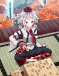  alternate_costume balcony barefoot board_game detached_sleeves gauntlets hakama hat indian_style inubashiri_momiji japanese_clothes jizou multiple_torii red_eyes shiroshi_(denpa_eshidan) shougi sitting solo tatami tokin_hat torii touhou tree water waterfall white_hair 