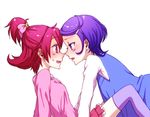  aida_mana ashlynx bad_id bad_pixiv_id blush bow dokidoki!_precure eye_contact hair_ornament hairclip kenzaki_makoto looking_at_another multiple_girls pink_bow pink_eyes pink_hair precure purple_eyes purple_hair short_hair simple_background white_background yuri 