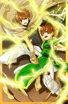  akizuki_buranko bad_id bad_pixiv_id brown_eyes brown_hair cardcaptor_sakura chinese_clothes creator_connection crossover electricity li_xiaolang male_focus multiple_boys sword time_paradox tsubasa_chronicle weapon xiaolang yin_yang 