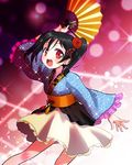  black_hair blush fan flower folding_fan hair_flower hair_ornament highres japanese_clothes kimono kimono_skirt long_hair looking_at_viewer love_live! love_live!_school_idol_project m-shiganai obi open_mouth red_eyes sash skirt smile solo twintails yazawa_nico 