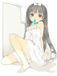  arm_support bare_shoulders barefoot black_eyes black_hair bow dress feet food hair_bow kurasuke leaning_back long_hair looking_at_viewer mouth_hold original popsicle sitting solo sweat very_long_hair white_dress 