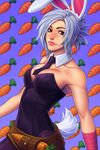  animal_ears battle_bunny_riven belt brown_eyes bunny_ears bunnysuit carrot detached_collar folded_ponytail highres irahi league_of_legends pantyhose riven_(league_of_legends) short_hair silver_hair solo 