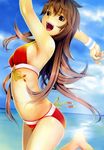  :d armpits arms_up bare_shoulders beach bikini brown_hair day highres leg_up long_hair mikazuki_akira! navel ocean open_mouth original outdoors red_bikini red_eyes scan smile solo sweat swimsuit very_long_hair water wristband 