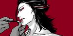  1boy black_hair brush facepaint hand hands izou_(one_piece) lipstick makeup male male_focus one_piece red_background solo spot_color 