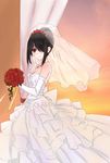  bad_id bad_pixiv_id black_hair blush bouquet breasts cleavage curtains date_a_live dress elbow_gloves flower gloves hair_over_one_eye highres jewelry medium_breasts necklace red_eyes red_flower red_rose rose ruin_(mo51397) short_hair sleeveless smile solo tokisaki_kurumi veil wedding_dress white_dress 