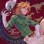  bad_id bad_pixiv_id bandages blonde_hair diego_brando gloves green_lipstick green_shirt hat hat_removed headwear_removed jojo_no_kimyou_na_bouken lipstick lowres makeup male_focus red_eyes scary_monsters_(stand) sewenan shirt solo stand_(jojo) steel_ball_run sweater tail turtleneck 