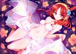  anklet bare_shoulders barefoot breasts choker flower hair_flower hair_ornament hairband jewelry kodamari long_hair looking_at_viewer magi_the_labyrinth_of_magic medium_breasts morgiana navel red_eyes red_hair smile solo 