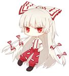  bow chibi fujiwara_no_mokou hair_bow hair_ribbon honotai long_hair looking_at_viewer red_eyes ribbon silver_hair solo suspenders touhou very_long_hair white_background 