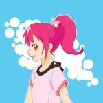  :d aida_mana alternate_hairstyle blue_background dokidoki!_precure hair_up open_mouth pink_eyes pink_hair ponytail precure profile smile solo suzu_(campanilla17) upper_body 