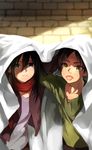  1girl bed_sheet black_hair brick brown_eyes child eren_yeager mikasa_ackerman scarf shingeki_no_kyojin short_hair tongue tongue_out yellow_eyes yunion_(sibujya) 