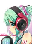  bare_shoulders detached_sleeves green_eyes green_hair hatsune_miku headphones heart heart-shaped_pupils kouji_(campus_life) necktie pointing pointing_at_self sennheiser solo symbol-shaped_pupils tattoo twintails vocaloid 