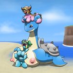  between_breasts big_breasts blush breasts female feral gastrodon lapras nintendo ole pok&#233;mon pok&eacute;mon sand sea slug video_games water 