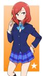  blazer hair_twirling hand_on_hip jacket kidachi kneehighs love_live! love_live!_school_idol_project nishikino_maki otonokizaka_school_uniform purple_eyes red_hair school_uniform skirt solo star 