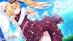  ahoge arm_hug belt blonde_hair closed_eyes cloud day dress dutch_angle field flower grass grisaia_(series) grisaia_no_kajitsu hair_ribbon heart highres hozumi_kaoru long_hair matsushima_michiru necktie ribbon sky smile solo twintails wind wind_lift 