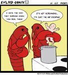  2003 age_difference arthropod baby claws cooking crustacean english_text human humor joke lie lies lobster lobsters mammal marine oven pot role_reversal size_difference speech_bubbles text what young 