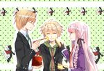  2boys ahoge braid brown_hair danganronpa danganronpa_1 food glasses hood hoodie kirigiri_kyouko long_hair monokuma multiple_boys naegi_makoto necktie obentou purple_hair puyue sandwich togami_byakuya 