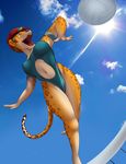  amber_eyes ball black_nose breasts brown_hair cammy_white cosplay feline female hair hat jaguar littlenapoleon mammal open_mouth solo street_fighter swimsuit video_games 