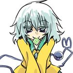  bags_under_eyes green_eyes green_hair heart heart_of_string komeiji_koishi mouth_hold no_hat no_headwear power-up seki_(red_shine) sexually_suggestive short_hair smile solo third_eye touhou v_arms 