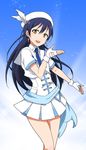  bangs blue_hair collared_shirt earrings feather_beret fingerless_gloves gloves jewelry kidachi long_hair looking_at_viewer love_live! love_live!_school_idol_project necktie open_mouth pleated_skirt sailor_collar shirt short_sleeves skirt smile solo sonoda_umi wonderful_rush yellow_eyes 