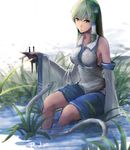  bad_id bad_pixiv_id breasts detached_sleeves frog_hair_ornament green_eyes green_hair hair_ornament hair_tubes highres impossible_clothes kochiya_sanae large_breasts long_hair mishaguji pandea_work parted_lips sitting skirt snake soaking_feet solo swamp touhou water white_snake wide_sleeves 