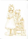  1girl absurdres alien_(alienlolita) bad_id bad_pixiv_id bag bespectacled bookshelf brother_and_sister cat dress glasses hair_ornament hairclip highres kagamine_len kagamine_rin lineart monochrome reading school_bag school_briefcase short_hair short_ponytail siblings slippers trash_can vocaloid 