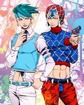  abs argyle argyle_sweater black_eyes blue_eyes blue_hair blue_lipstick earrings foo-ri-gan guido_mista gun hat headband jewelry jojo_no_kimyou_na_bouken kishibe_rohan lipstick makeup midriff multiple_boys sweater turtleneck weapon 