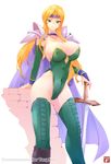  arm_support armor blonde_hair boots breasts brick_wall bridal_gauntlets bursting_breasts cape celes_chere cleavage covered_navel covered_nipples cross-laced_clothes cross-laced_legwear final_fantasy final_fantasy_vi green_eyes green_legwear green_leotard haganef hand_on_hilt headband highleg highleg_leotard highres large_breasts leotard light_smile long_hair looking_at_viewer pauldrons planted_sword planted_weapon smile solo standing strapless strapless_leotard sword thigh_boots thighhighs weapon 