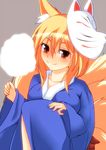  alternate_costume animal_ears blonde_hair blue_kimono breasts cotton_candy fingernails fox_ears fox_mask fox_tail grey_background hand_on_own_knee japanese_clothes kimono knee_up looking_at_viewer mask medium_breasts merry_(diameri) multiple_tails short_hair simple_background smile solo tail touhou yakumo_ran yellow_eyes yukata 
