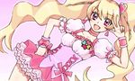  :d blonde_hair bow choker cure_peach dutch_angle fresh_precure! hair_ornament hand_on_hip heart heart_hair_ornament long_hair mironomeo momozono_love open_mouth pink_background pink_bow pink_choker pink_eyes precure salute simple_background smile solo twintails two-finger_salute v 