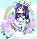  bag blue_eyes blue_hair blue_sailor_collar braid character_name chibi cloud copyright_name dokidoki!_precure flower frog half_updo hat hishikawa_rikka hiyopuko leaf long_hair precure rainbow sailor_collar smile solo 