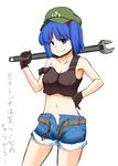  belt blue_eyes blue_hair gloves hair_bobbles hair_ornament hat kawashiro_nitori looking_at_viewer navel short_shorts shorts smile solo strap_slip tank_top touhou translated twintails two_side_up unbuttoned wrench zetsumame 