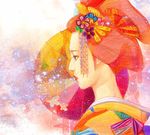  absurdres alien_(alienlolita) bad_id bad_pixiv_id blue_eyes colored_pencil_(medium) comb flower geisha hair_flower hair_ornament hair_up highres japanese_clothes kimono lips lipstick makeup megurine_luka nose profile red_hair solo sparkle traditional_media updo vocaloid 