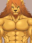  anthro beard biceps big_muscles black_nose brown_fur brown_hair facial_hair feline fur grey_background hair lion looking_at_viewer male mammal mane muscles nipples no.ra. orange_fur pecs plain_background pose solo standing toned topless yellow_eyes 