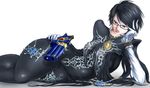  alternate_hair_length alternate_hairstyle amulet bayonetta bayonetta_(character) bayonetta_2 black_hair blue_eyes bodysuit breasts chin_rest elbow_gloves glasses gloves gun handgun large_breasts licking_lips lipstick lying makeup mole on_side pachimon short_hair solo tongue tongue_out weapon white_gloves 