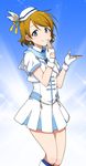  brown_hair earrings feather_beret fingerless_gloves gloves hand_to_own_mouth hat hat_feather hat_ribbon jewelry kidachi koizumi_hanayo looking_at_viewer love_live! love_live!_school_idol_project pleated_skirt ribbon sailor_collar short_hair short_sleeves skirt smile solo white_gloves wonderful_rush 