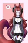  &lt;3 2013 amber_eyes bell black_nose blue_fur blush bow bra breasts cat cleavage clothed clothing collar feline female garterbelt grey_fur hair long_hair looking_at_viewer mrawl navel panties red_fur red_hair smile solo stockings underwear white_fur 