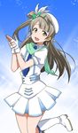 :d bangs beret blue_neckwear boots bow earrings feathers fingerless_gloves gloves green_bow green_scarf grey_hair hair_bow hair_feathers hair_ornament hairpin hat jewelry kidachi long_hair love_live! love_live!_school_idol_project minami_kotori necktie one_side_up open_mouth scarf skirt smile solo white_gloves wonderful_rush yellow_eyes 